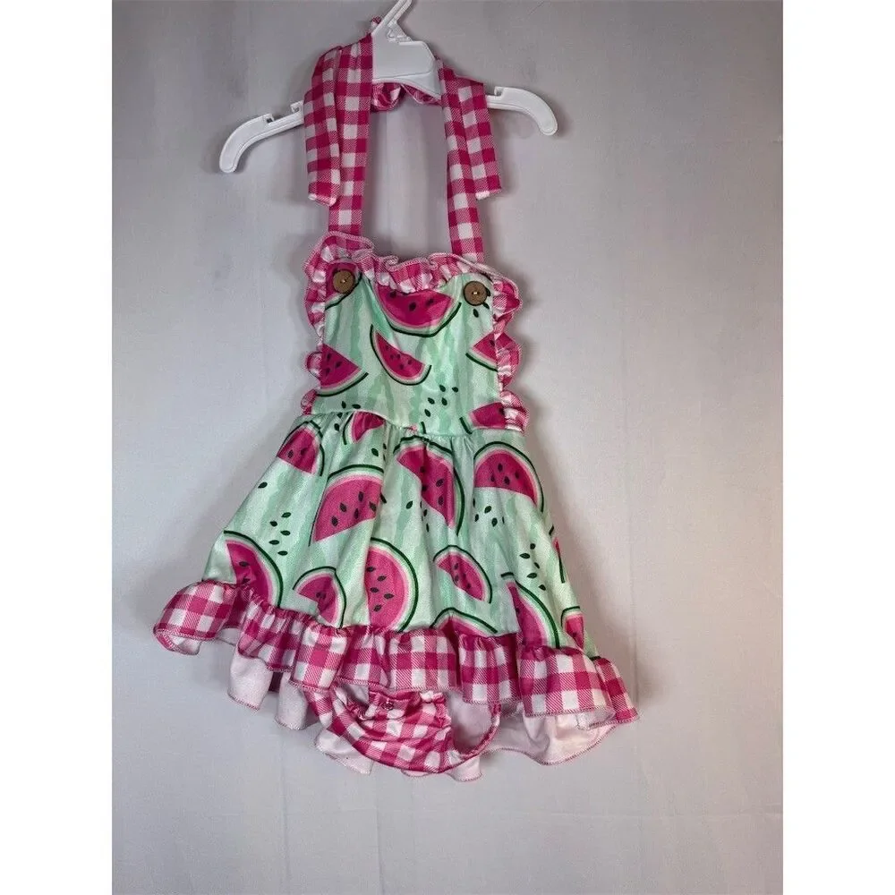 Baby Girl Watermelon Print Romper Dress Pink Gingham Ruffles Tie Straps
